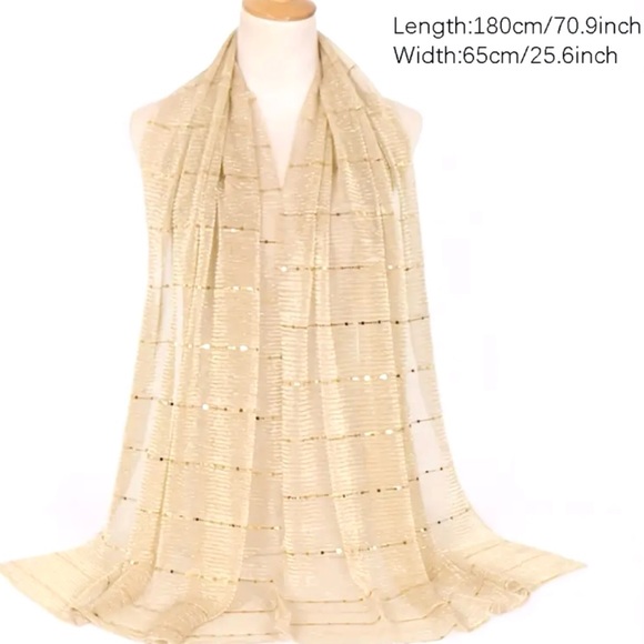 NWOT Elegant Tan Gold & Silver Sheer Sparkling Metallic Scarf Wrap - Picture 4 of 6